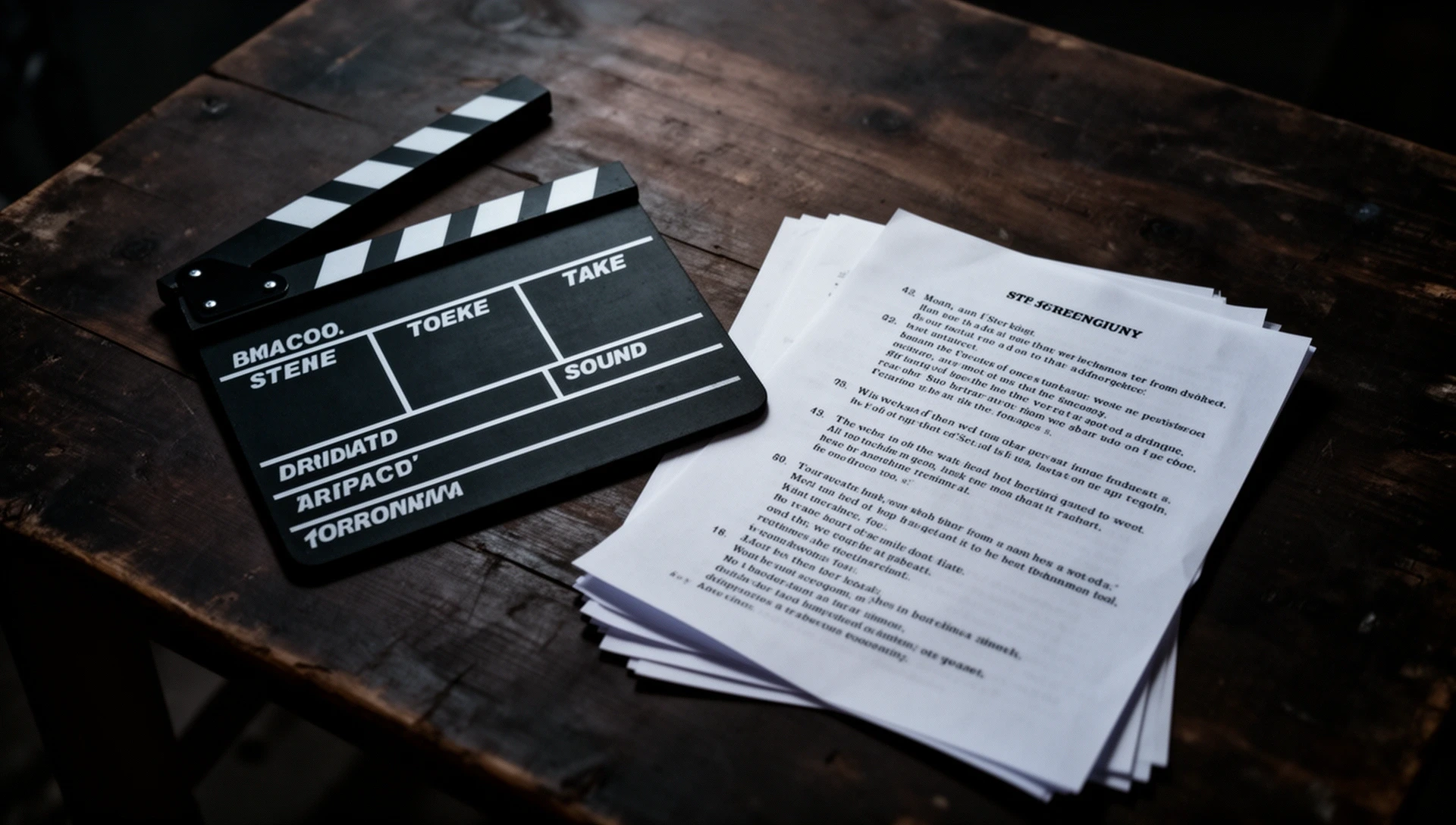 映画撮影現場のクローズアップ — クランクボードとシナリオ台本
